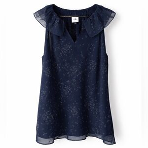 CABI Navy Floral Halter Top Ruffle Neck Double Layer Chiffon Medium